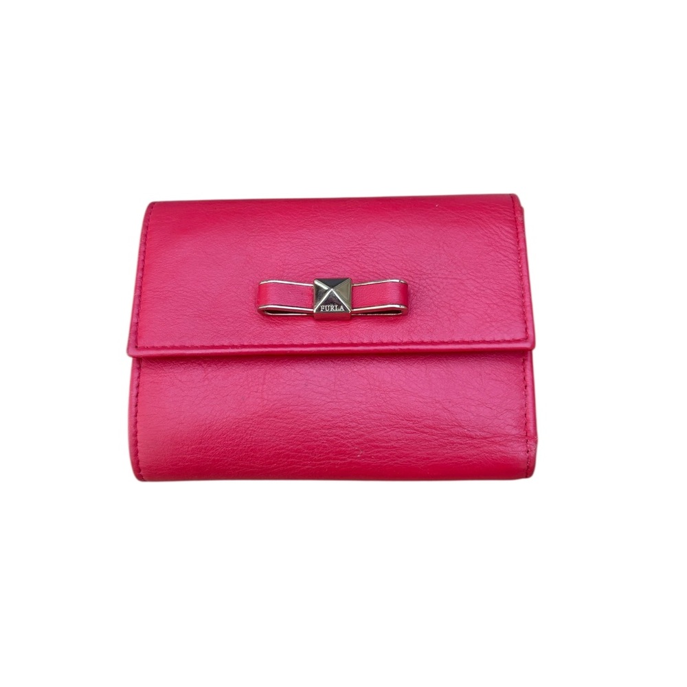 Furla Pink Compact Leather Wallet with Bow Detail with Zip Change Compartment